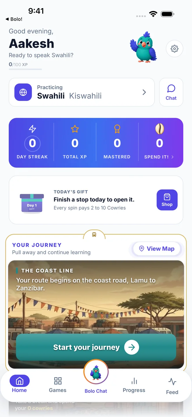 Bolo! Africa app home shown in Swahili